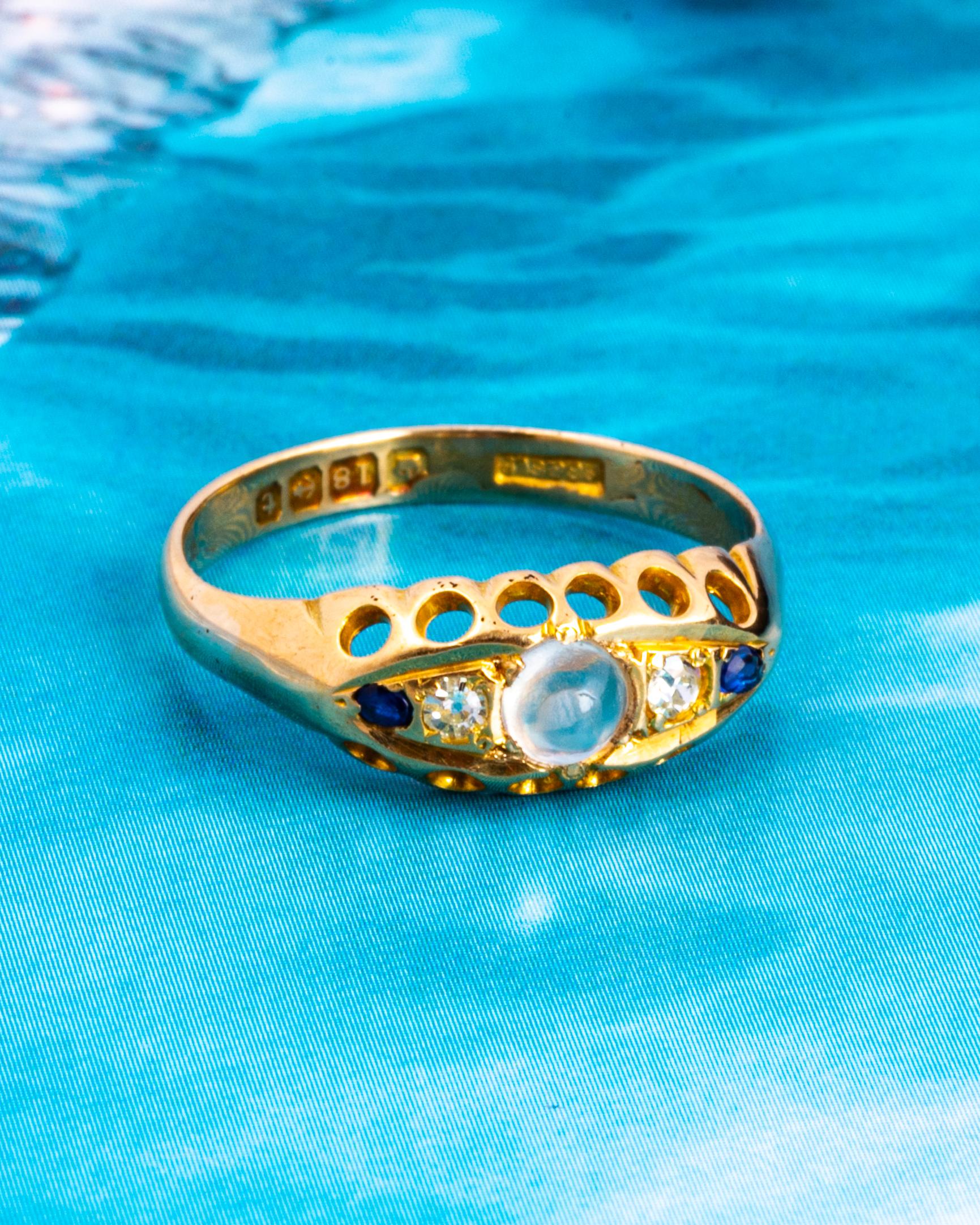 Women's Edwardian Diamond, Sapphire and Moonstone 18 Carat Gold Five-Stone Band