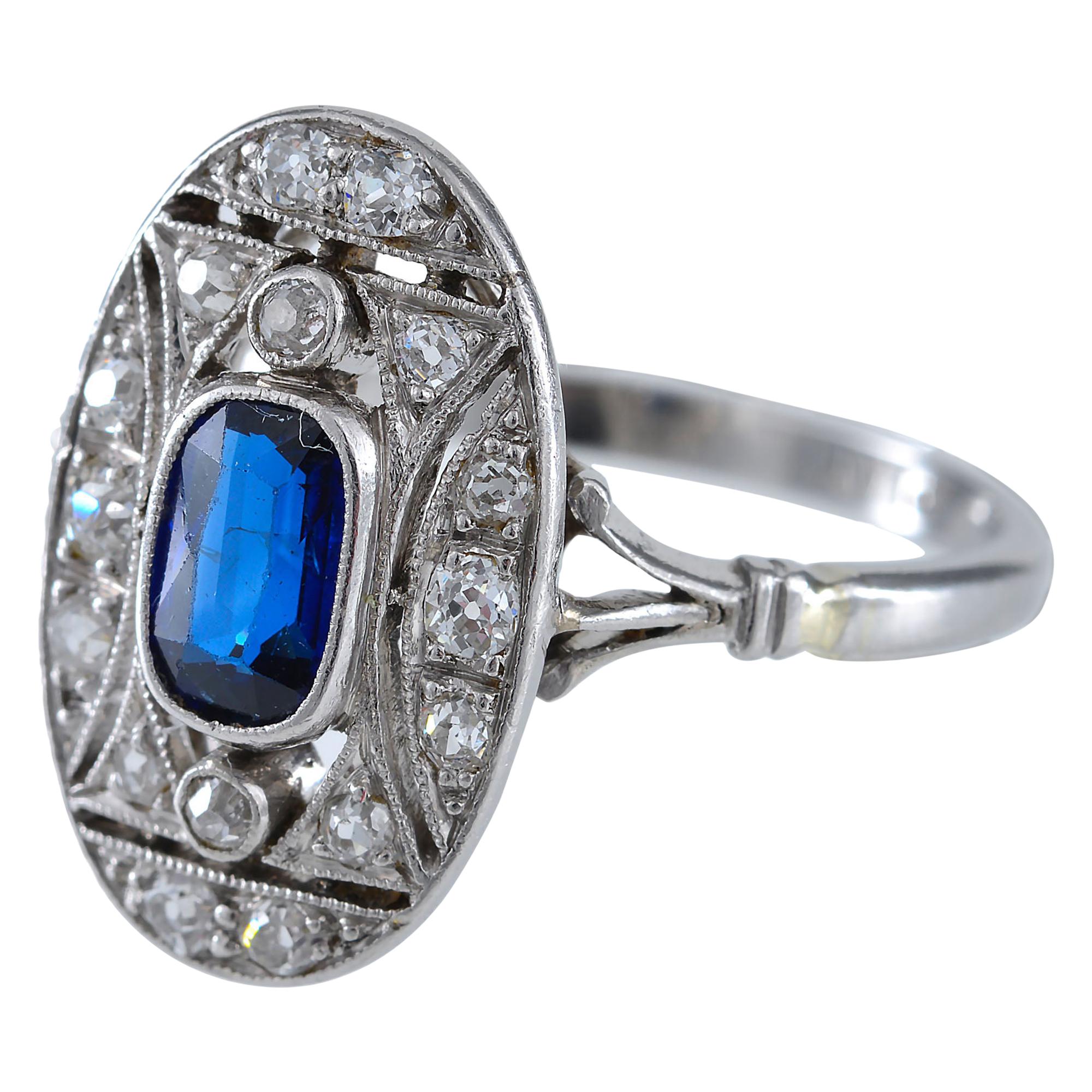 Edwardian Diamond Sapphire and Platinum Ring For Sale