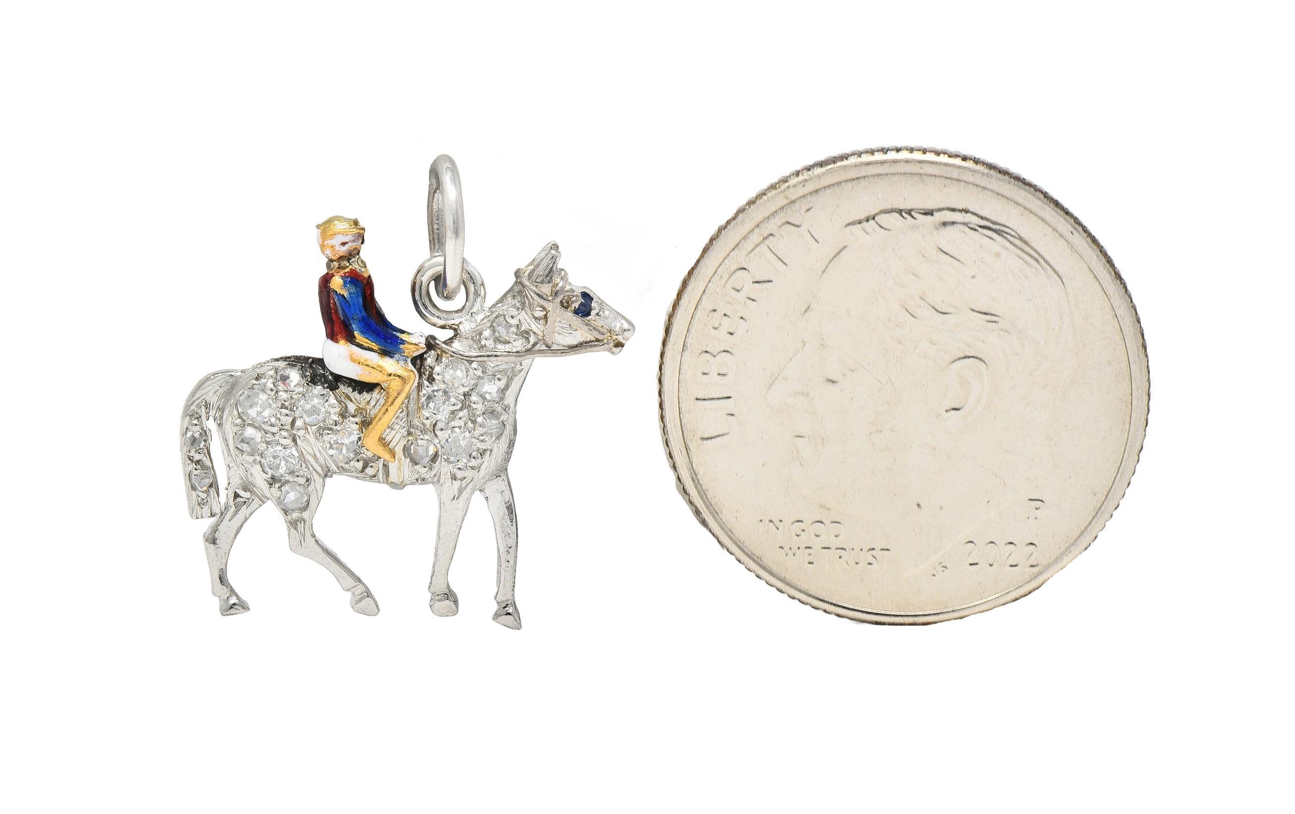 Breloque Edwardienne Diamant Saphir Émail Or 18K Platine Cheval de Course Antique Excellent état - En vente à Philadelphia, PA