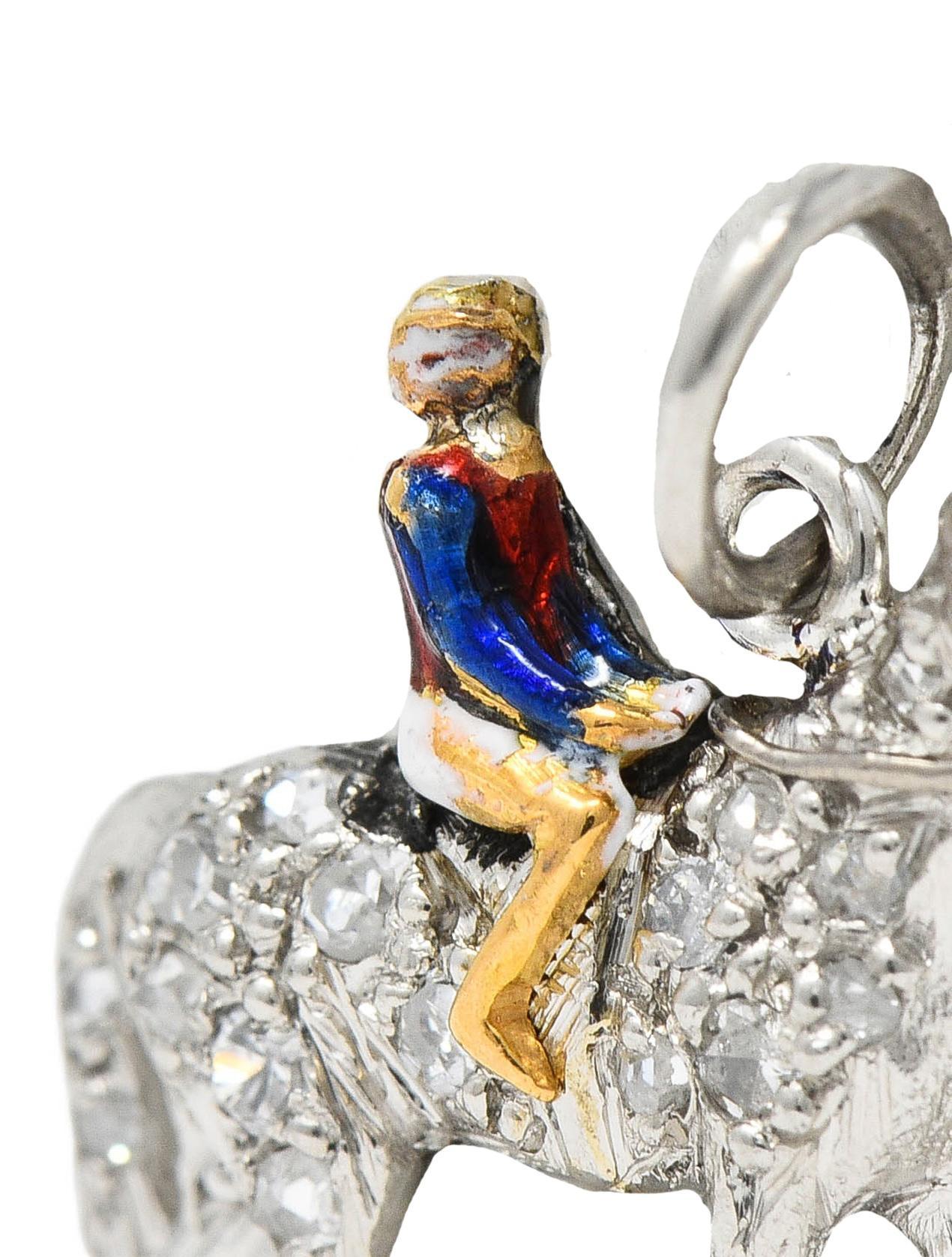 Breloque Edwardienne Diamant Saphir Émail Or 18K Platine Cheval de Course Antique Unisexe en vente