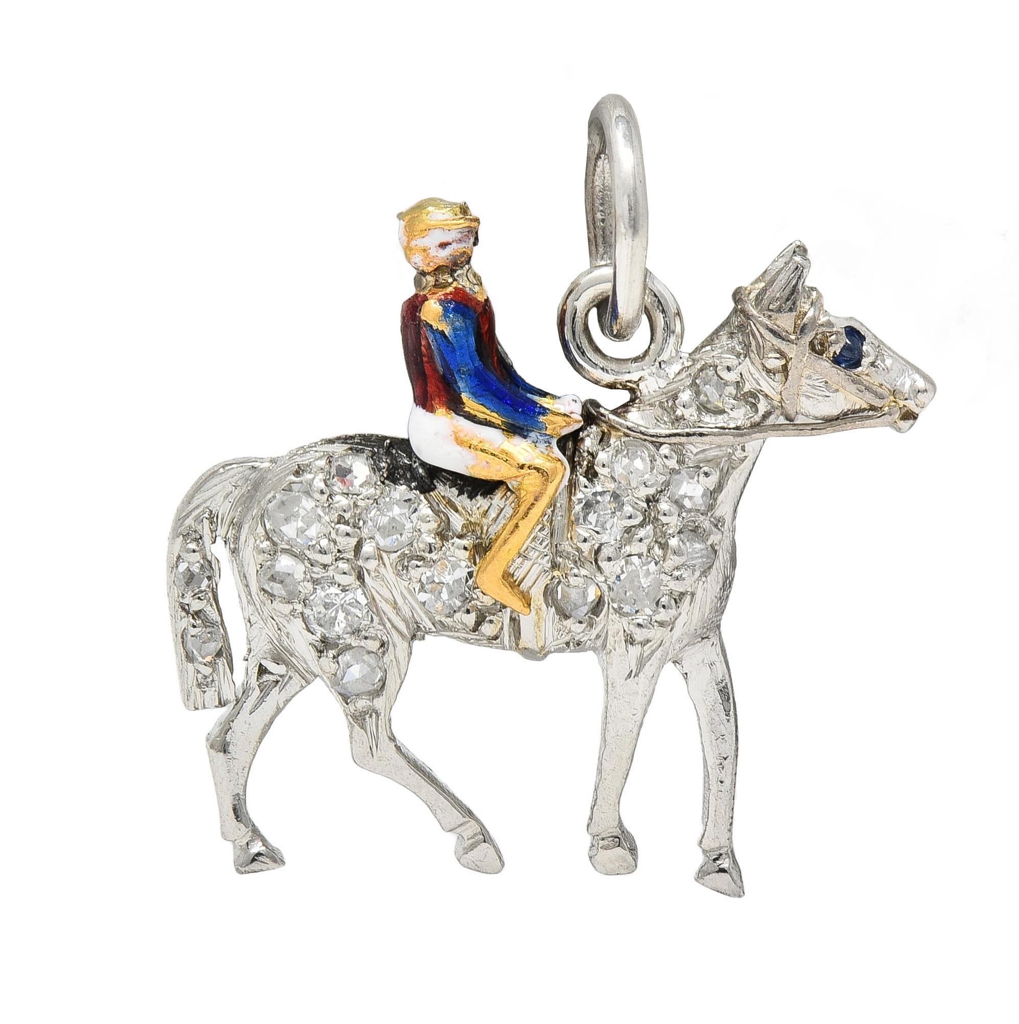 Breloque Edwardienne Diamant Saphir Émail Or 18K Platine Cheval de Course Antique en vente 1