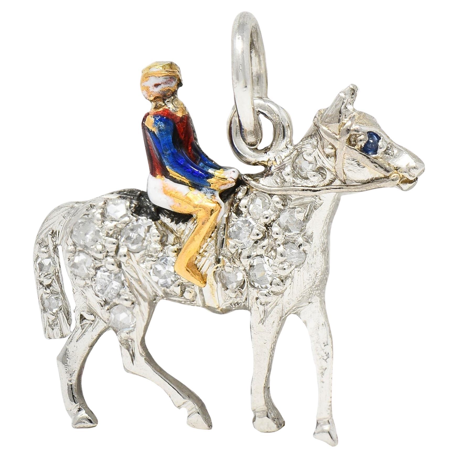 Edwardian Diamond Sapphire Enamel 18K Gold Platinum Race Horse Antique Charm