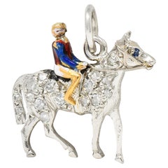 Colgante Edwardian Diamond Sapphire Enamel 18K Gold Platinum Race Horse Antique