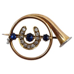 Antique Edwardian Diamond & Sapphire Gold Hunting Horn Brooch
