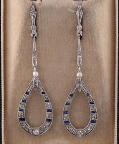 Edwardian Diamond Sapphire Long Drop Earrings Platinum