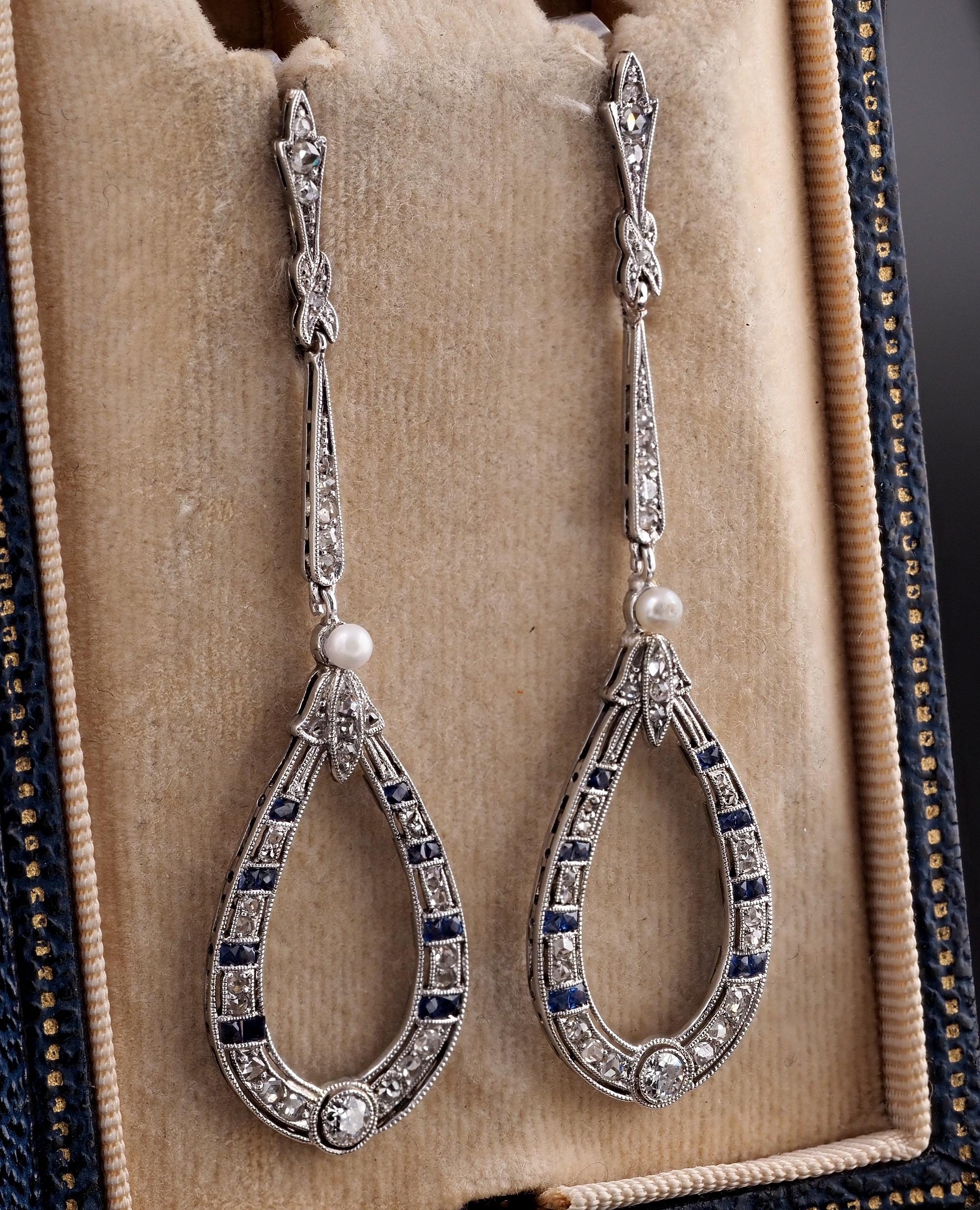 Round Cut Edwardian Diamond Sapphire Long Drop Earrings Platinum For Sale