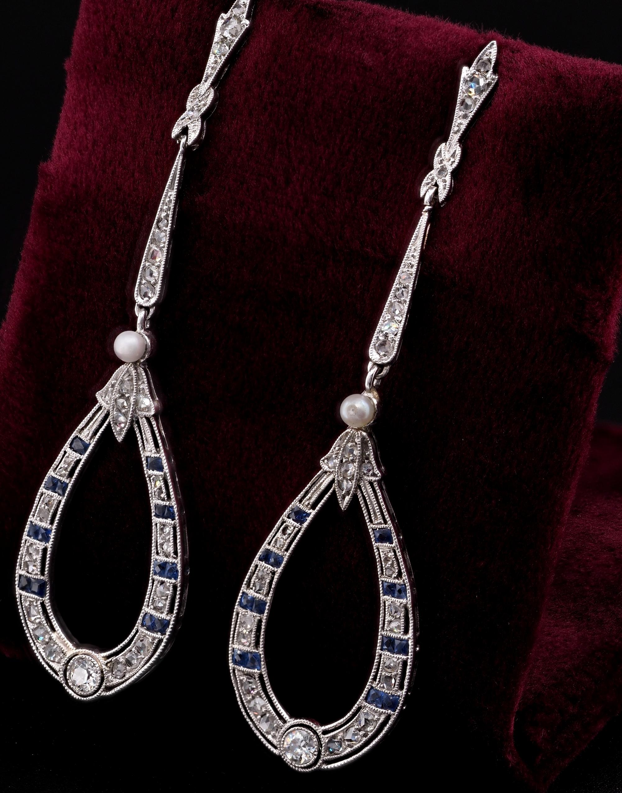 Edwardian Diamond Sapphire Long Drop Earrings Platinum In Good Condition For Sale In Napoli, IT