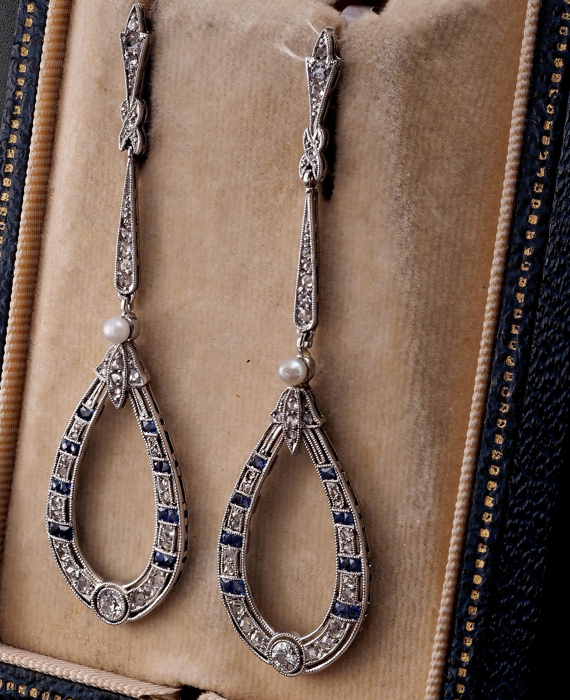 Women's Edwardian Diamond Sapphire Long Drop Earrings Platinum For Sale