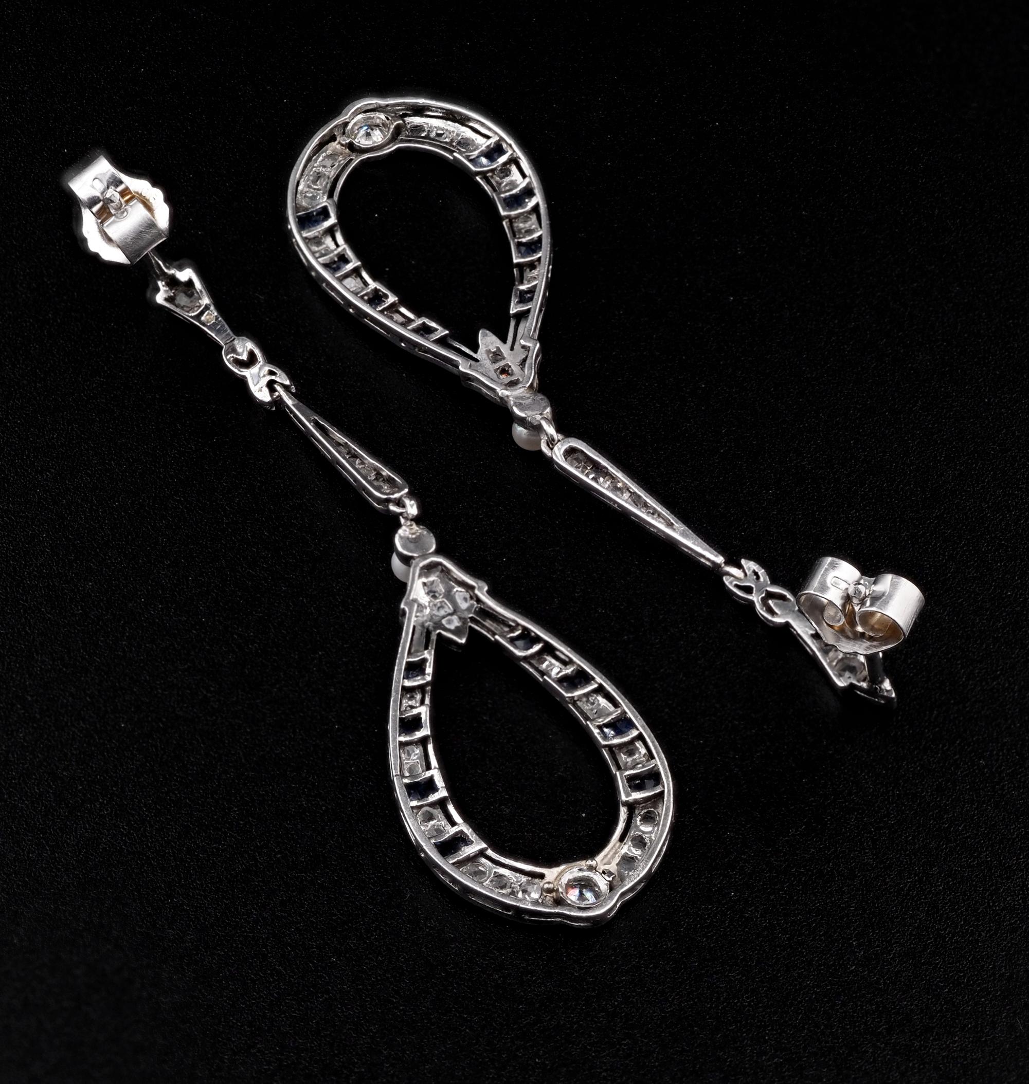 Edwardian Diamond Sapphire Long Drop Earrings Platinum For Sale 1