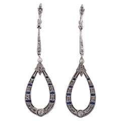 Pendientes Edwardian Diamond Sapphire Long Drop Platino
