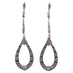 Used Edwardian Diamond Sapphire Long Drop Earrings Platinum