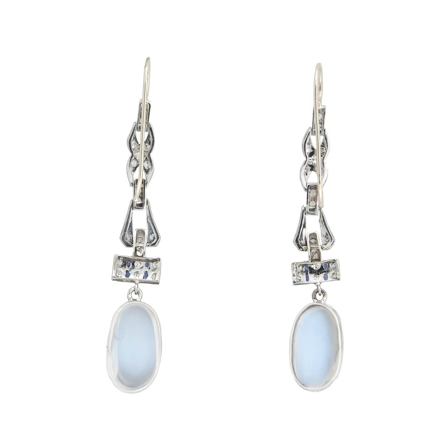 Cabochon Edwardian Diamond, Sapphire+Moonstone Earrings For Sale