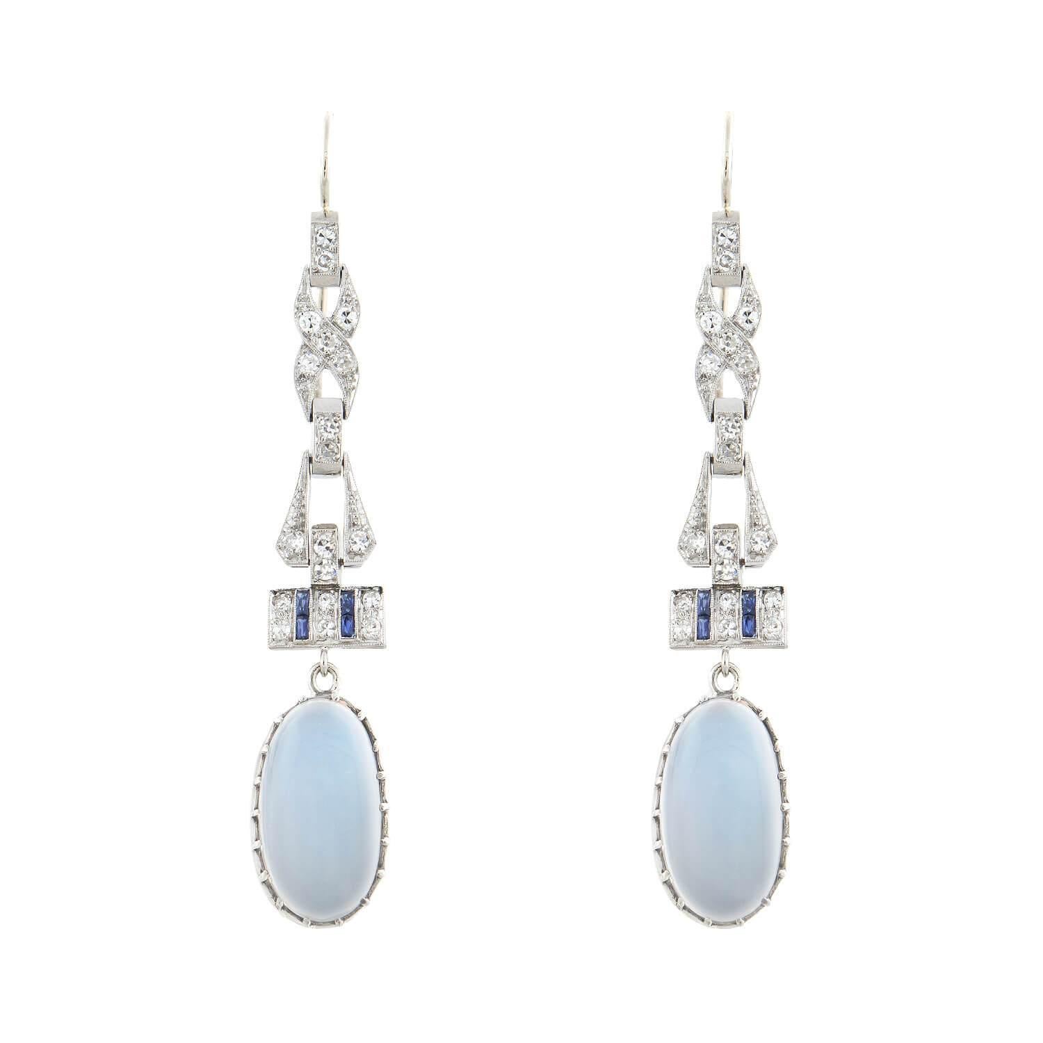Edwardian Diamond, Sapphire+Moonstone Earrings In Good Condition For Sale In Narberth, PA