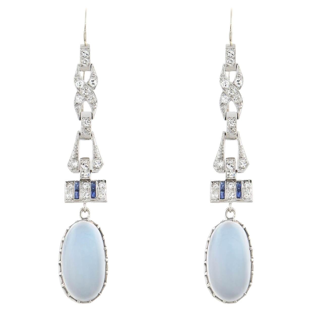 Edwardian Diamond, Sapphire+Moonstone Earrings For Sale