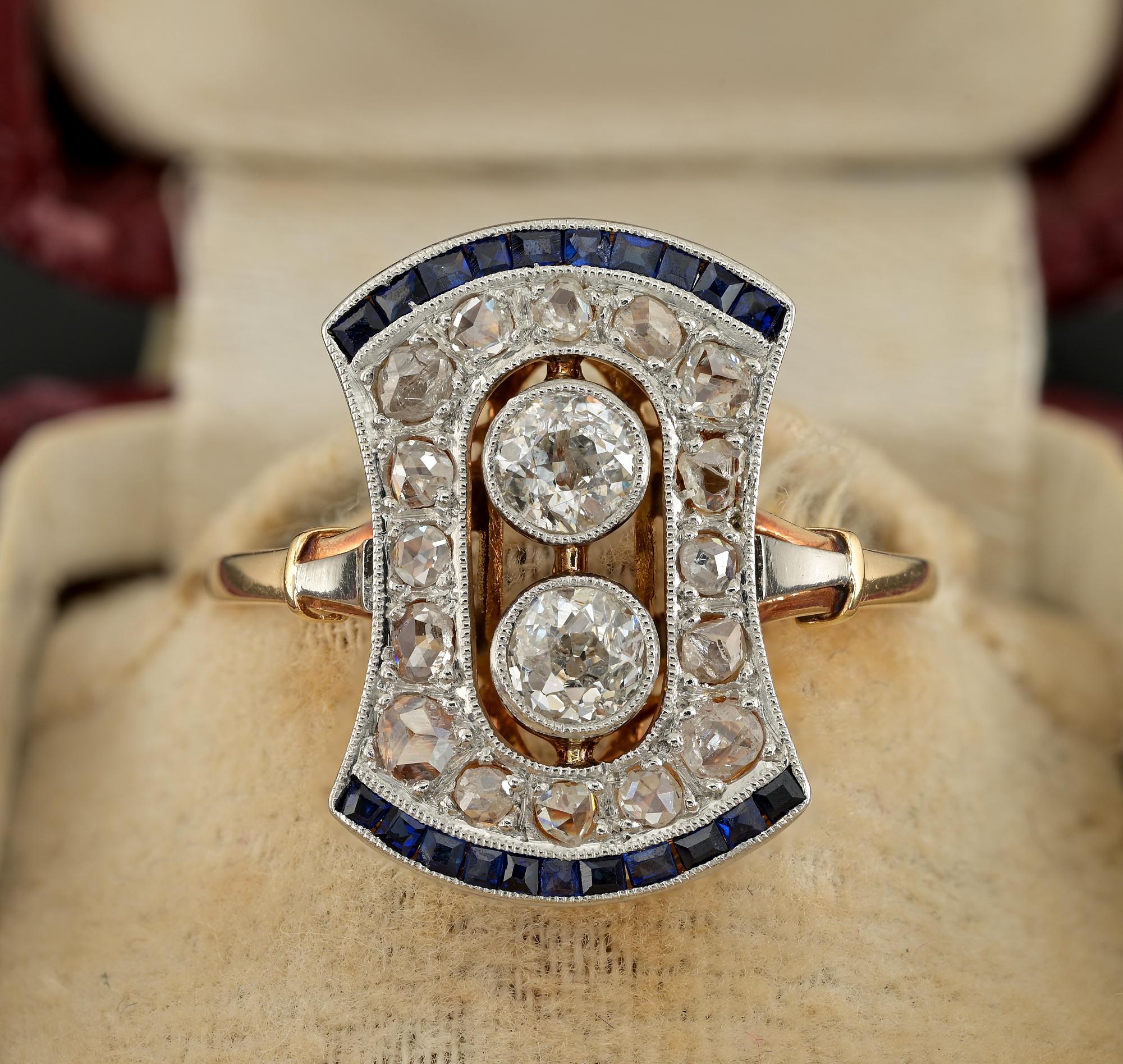 Quintessential, Edwardian ring, with charming design and gorgeous colour contrast
Very finely hand crafted during the very beginning of 1900 of 18 KT gold with Platinum top – tested
Flat profile of enchanting crown shape, sinuous and elegant,