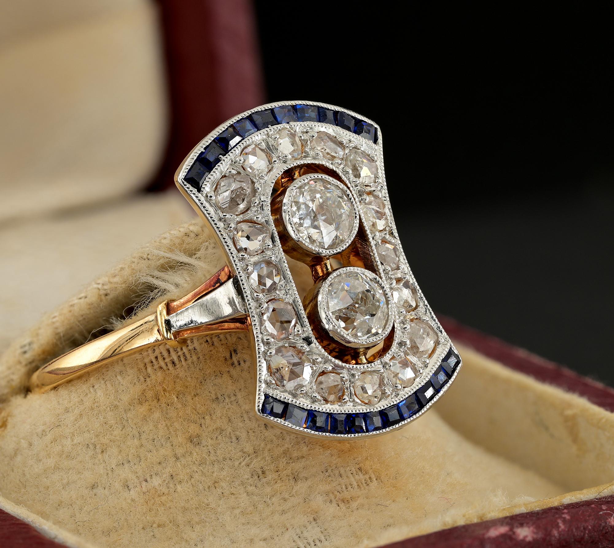 Edwardianischer Diamant-Saphir-Platin-Ring aus 18 KT Gold im Zustand „Gut“ im Angebot in Napoli, IT
