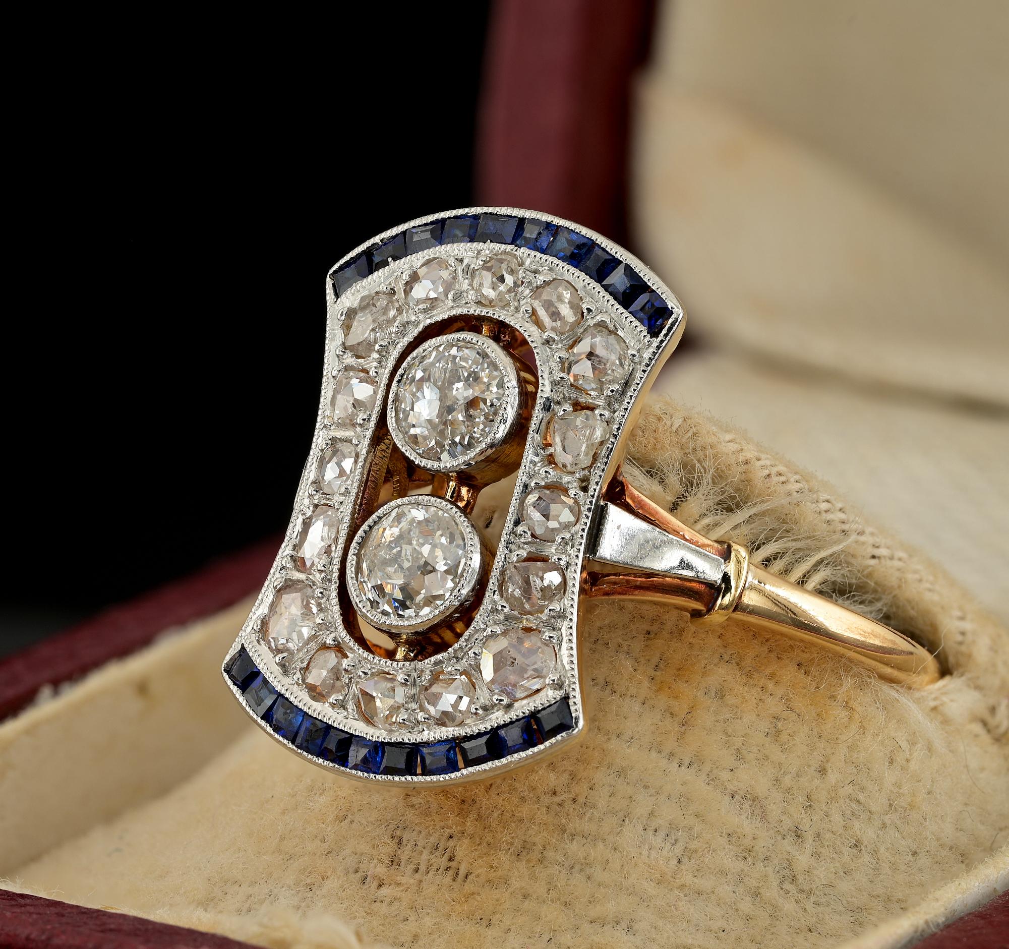 Edwardianischer Diamant-Saphir-Platin-Ring aus 18 KT Gold im Angebot 1