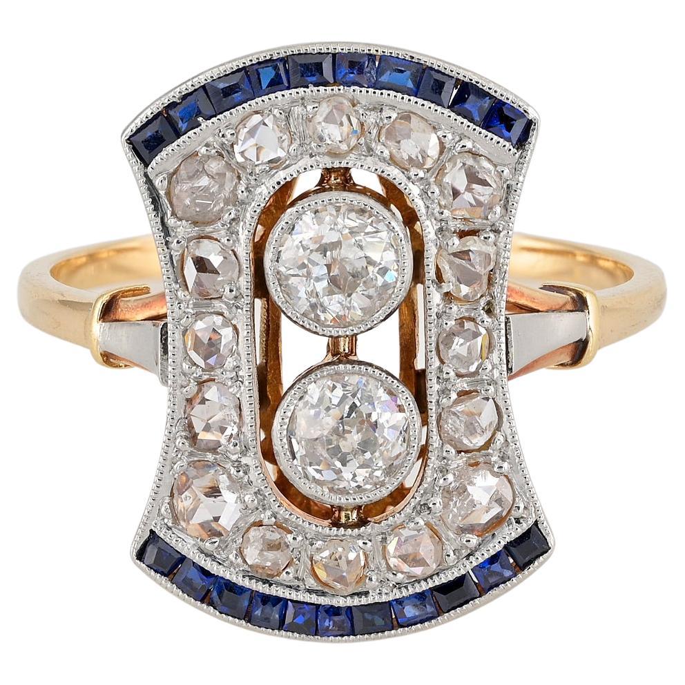 Edwardian Diamond Sapphire Platinum 18 KT Gold Ring