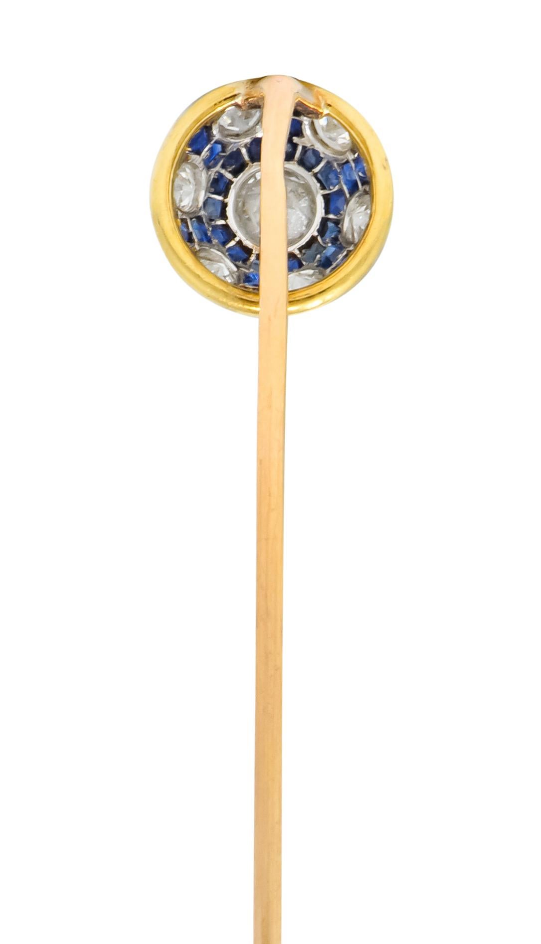 Edwardian Diamond Sapphire Platinum-Topped 18 Karat Gold Stickpin In Excellent Condition In Philadelphia, PA