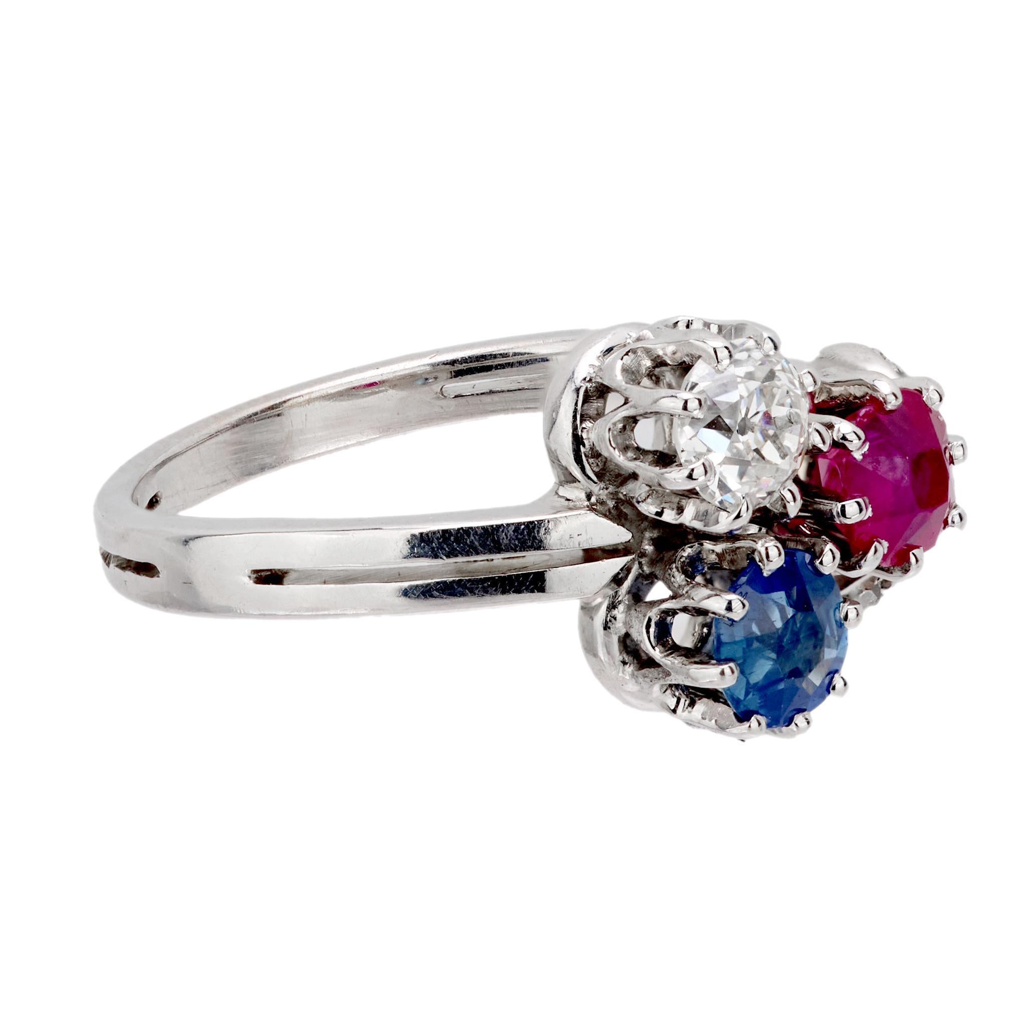 Old European Cut Edwardian diamond sapphire ruby 14k white gold ring For Sale