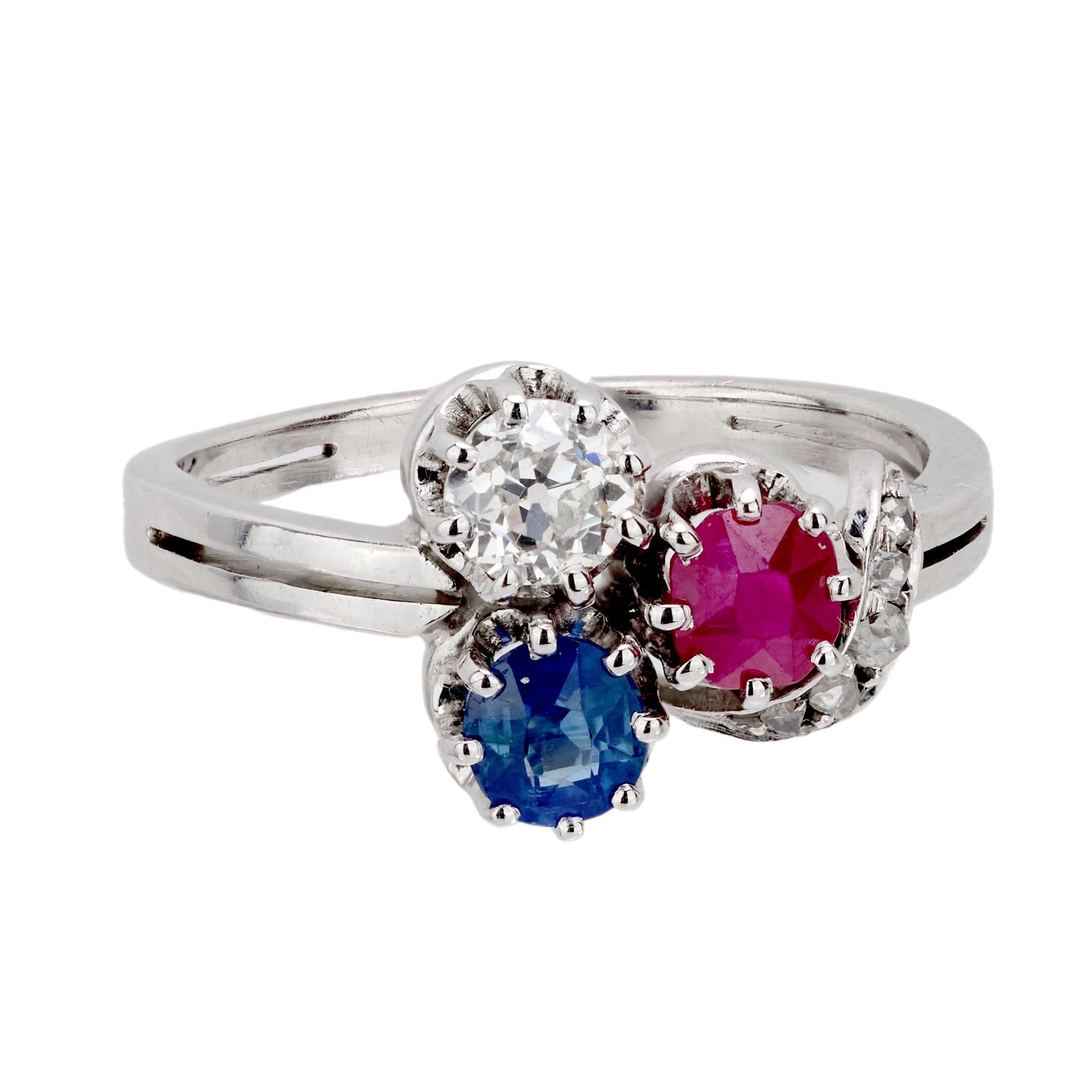 Edwardian diamond sapphire ruby 14k white gold ring In Good Condition For Sale In Beverly Hills, CA