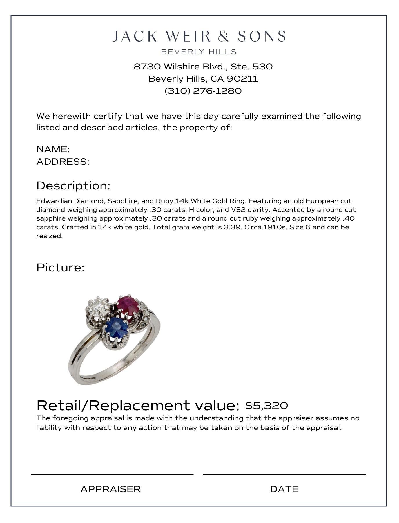 Women's Edwardian diamond sapphire ruby 14k white gold ring For Sale