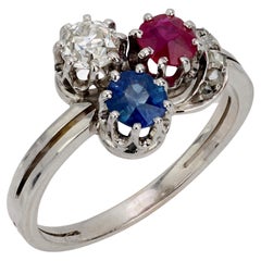 Edwardian diamond sapphire ruby 14k white gold ring