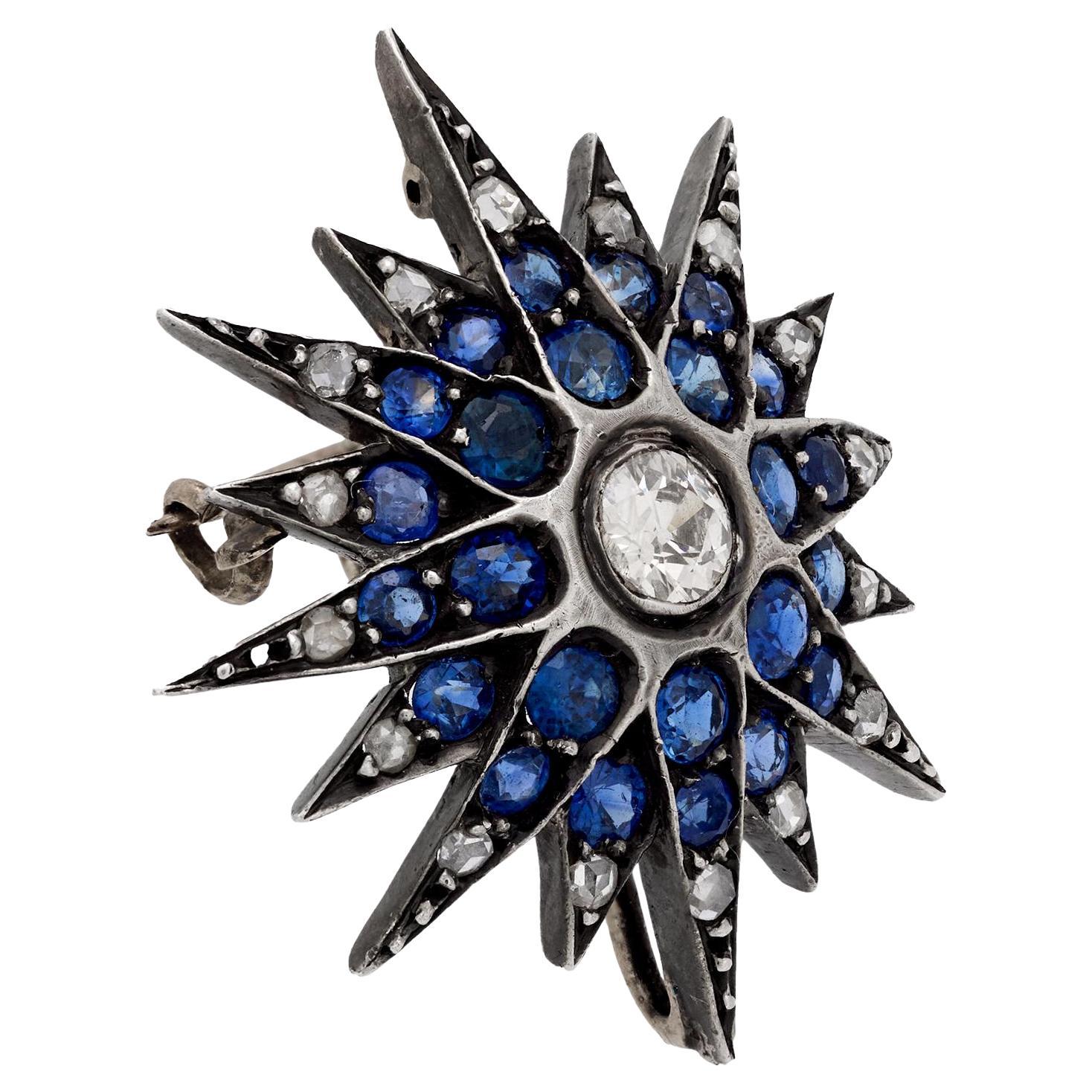 Edwardian diamond sapphire silver and 10k yellow gold star brooch