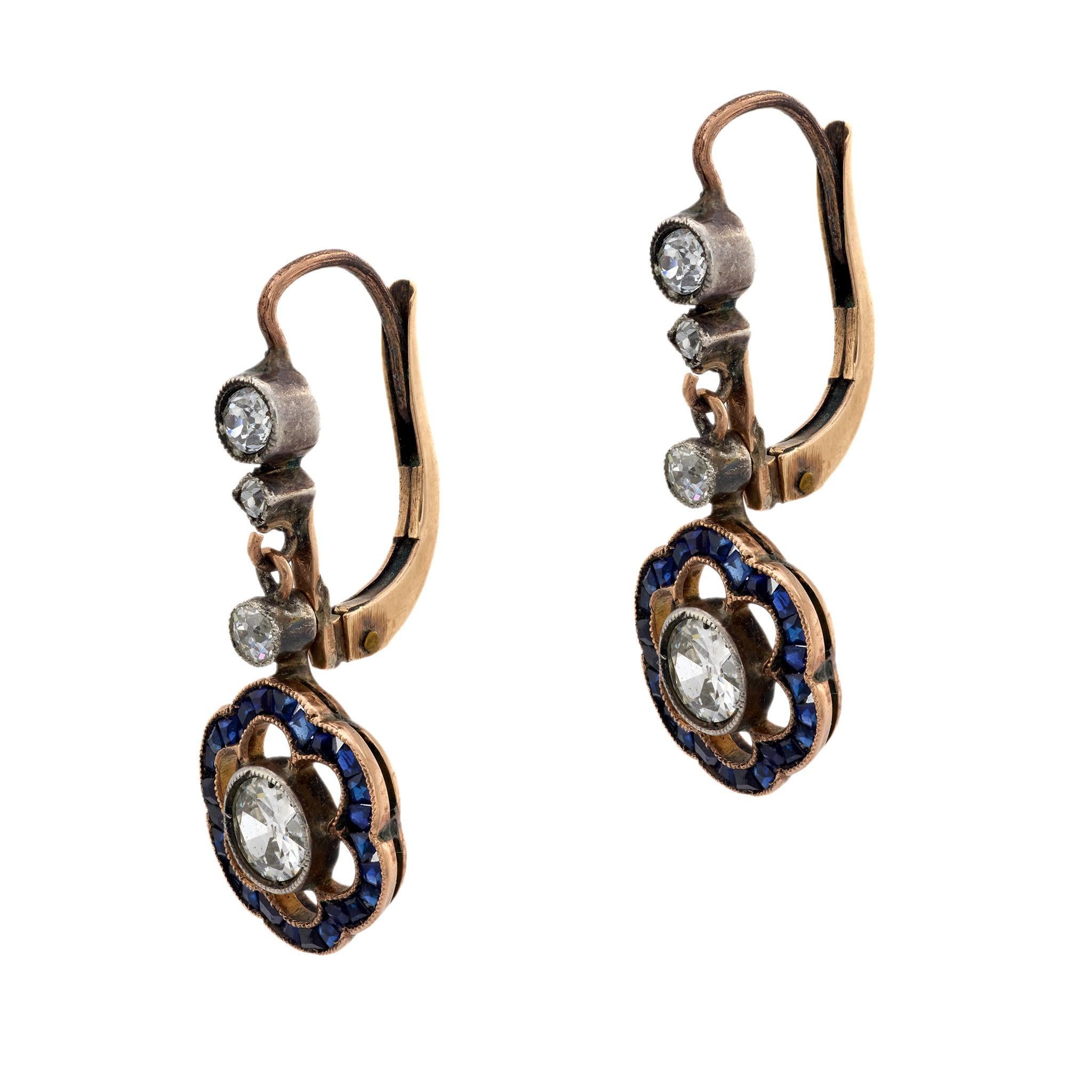 Edwardianische Diamant-Saphir-Ohrringe aus Silber und 14-karätigem Roségold mit Blumentropfen (Alteuropäischer Schliff) im Angebot