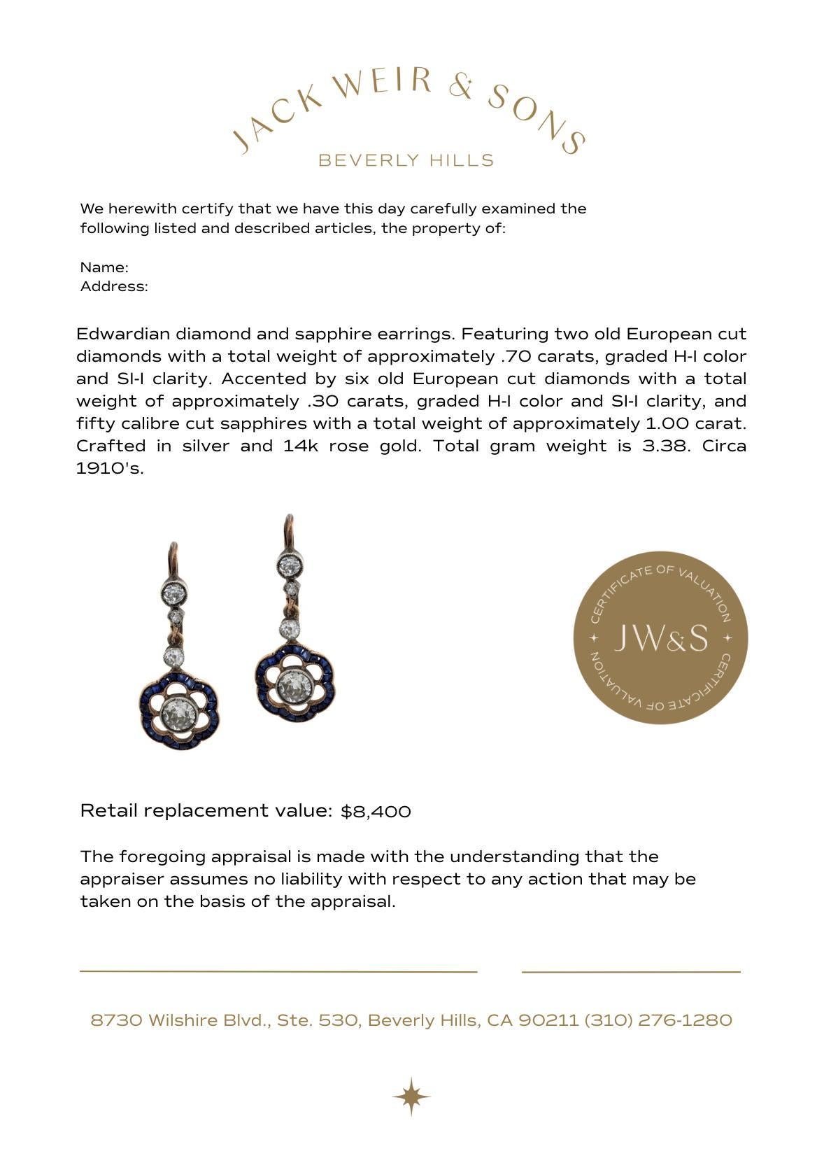 Edwardianische Diamant-Saphir-Ohrringe aus Silber und 14-karätigem Roségold mit Blumentropfen im Angebot 1
