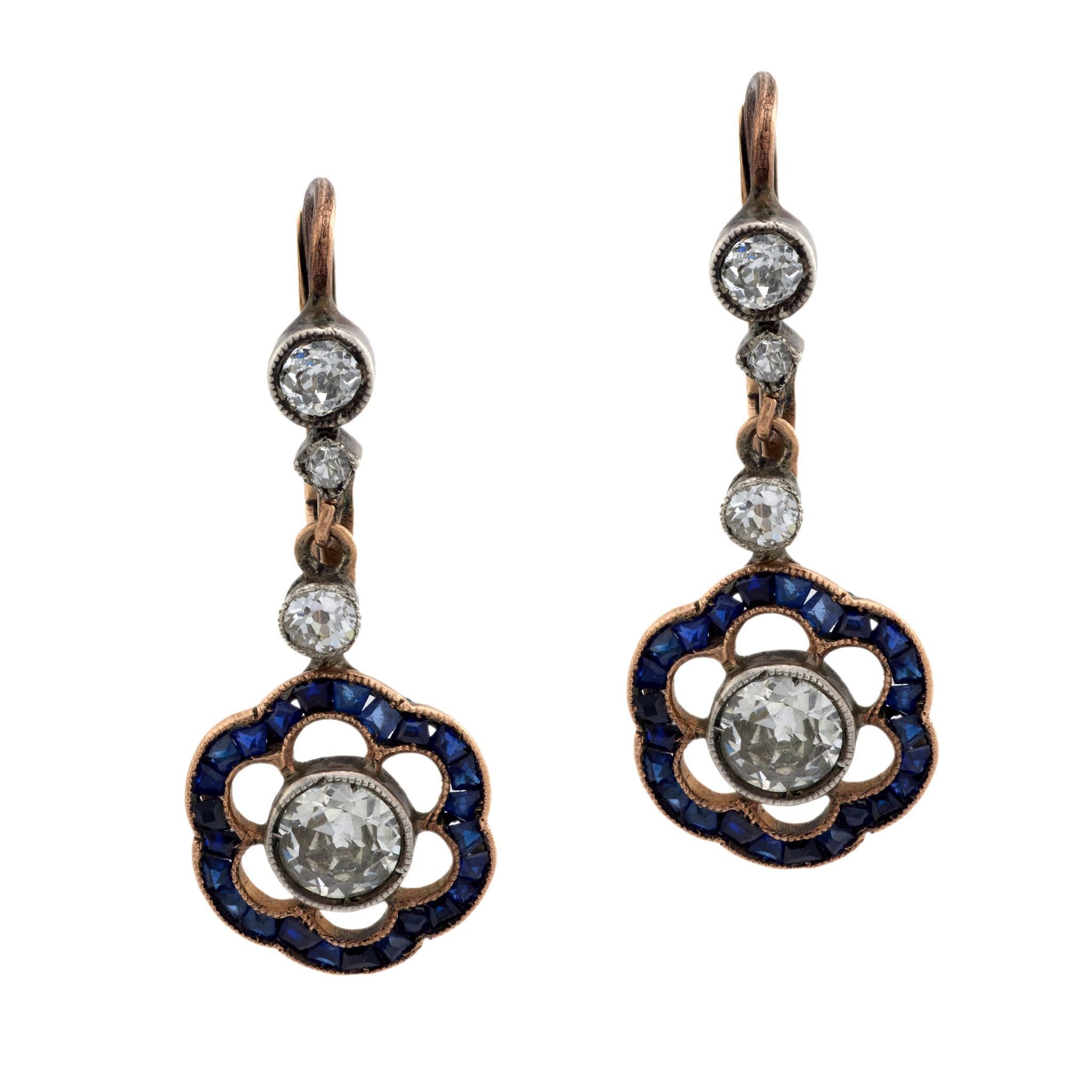 Edwardianische Diamant-Saphir-Ohrringe aus Silber und 14-karätigem Roségold mit Blumentropfen im Angebot
