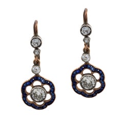 Pendientes eduardianos en forma de flor de plata con zafiro y oro rosa de 14 quilates