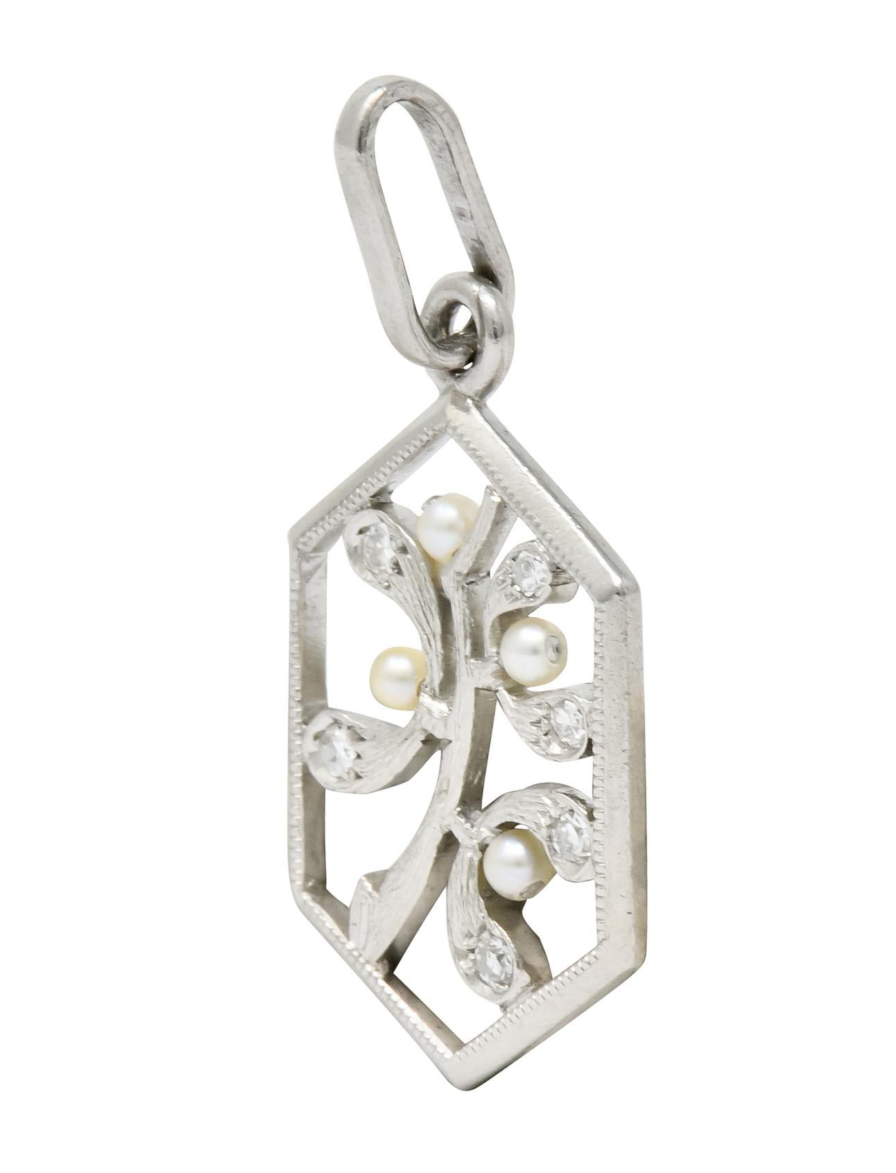 Edwardian Diamond Seed Pearl Platinum Hexagonal Maple Branch Charm In Excellent Condition In Philadelphia, PA