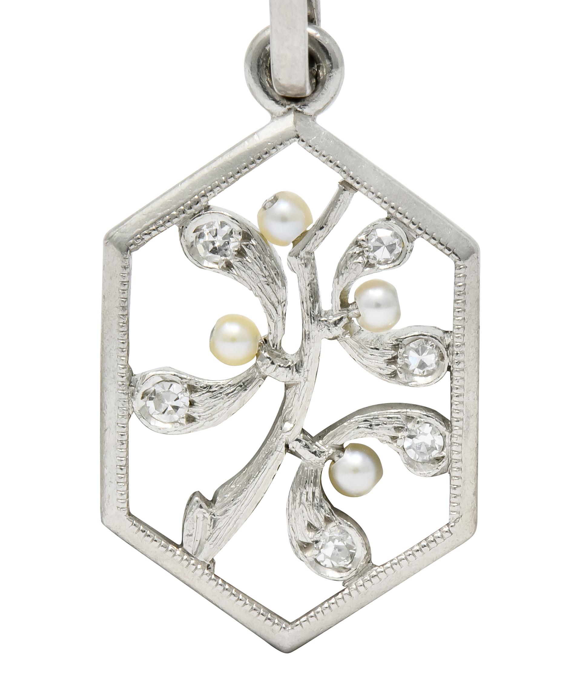 Women's or Men's Edwardian Diamond Seed Pearl Platinum Hexagonal Maple Branch Charm