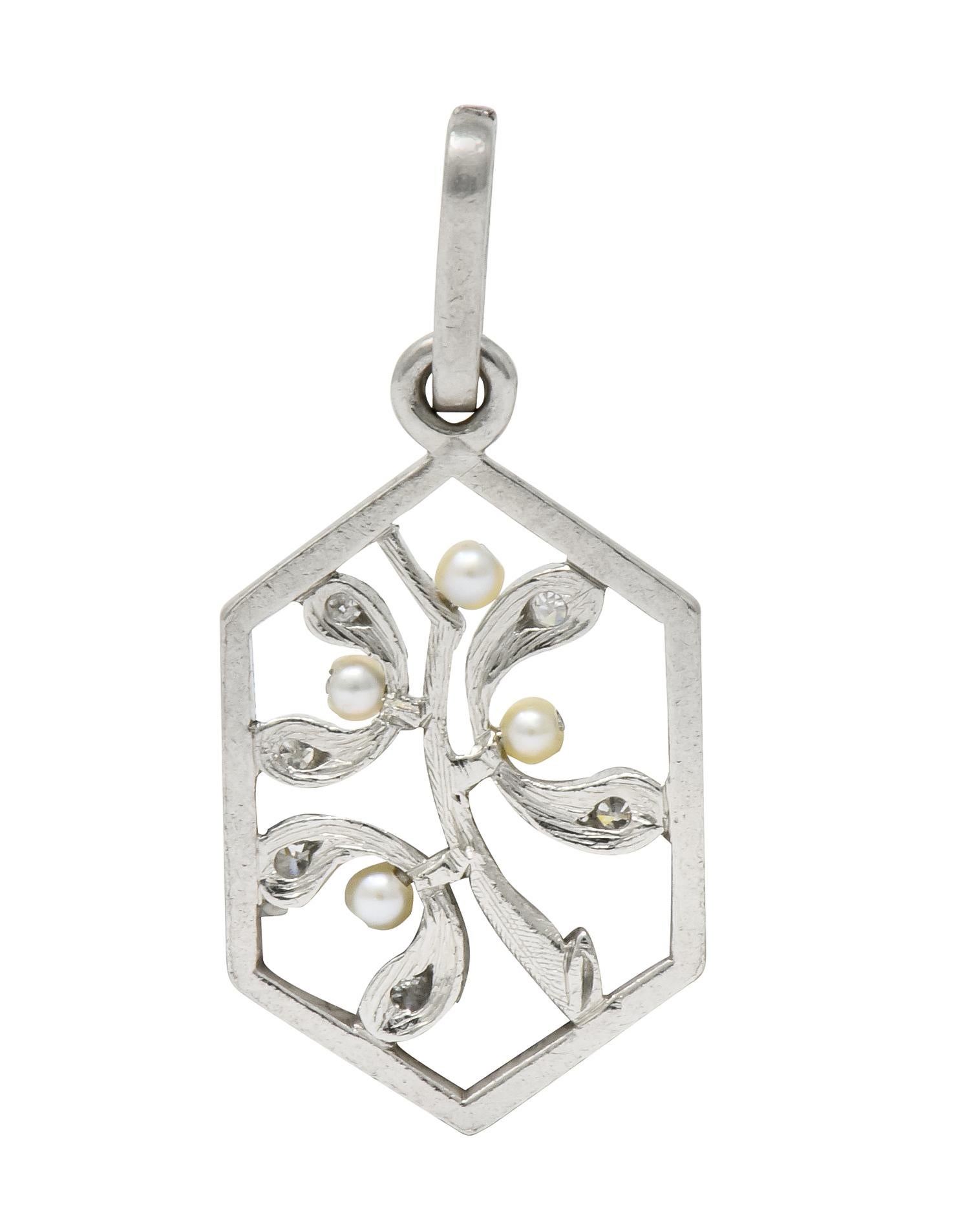 Edwardian Diamond Seed Pearl Platinum Hexagonal Maple Branch Charm 1