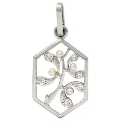 Edwardian Diamond Seed Pearl Platinum Hexagonal Maple Branch Charm