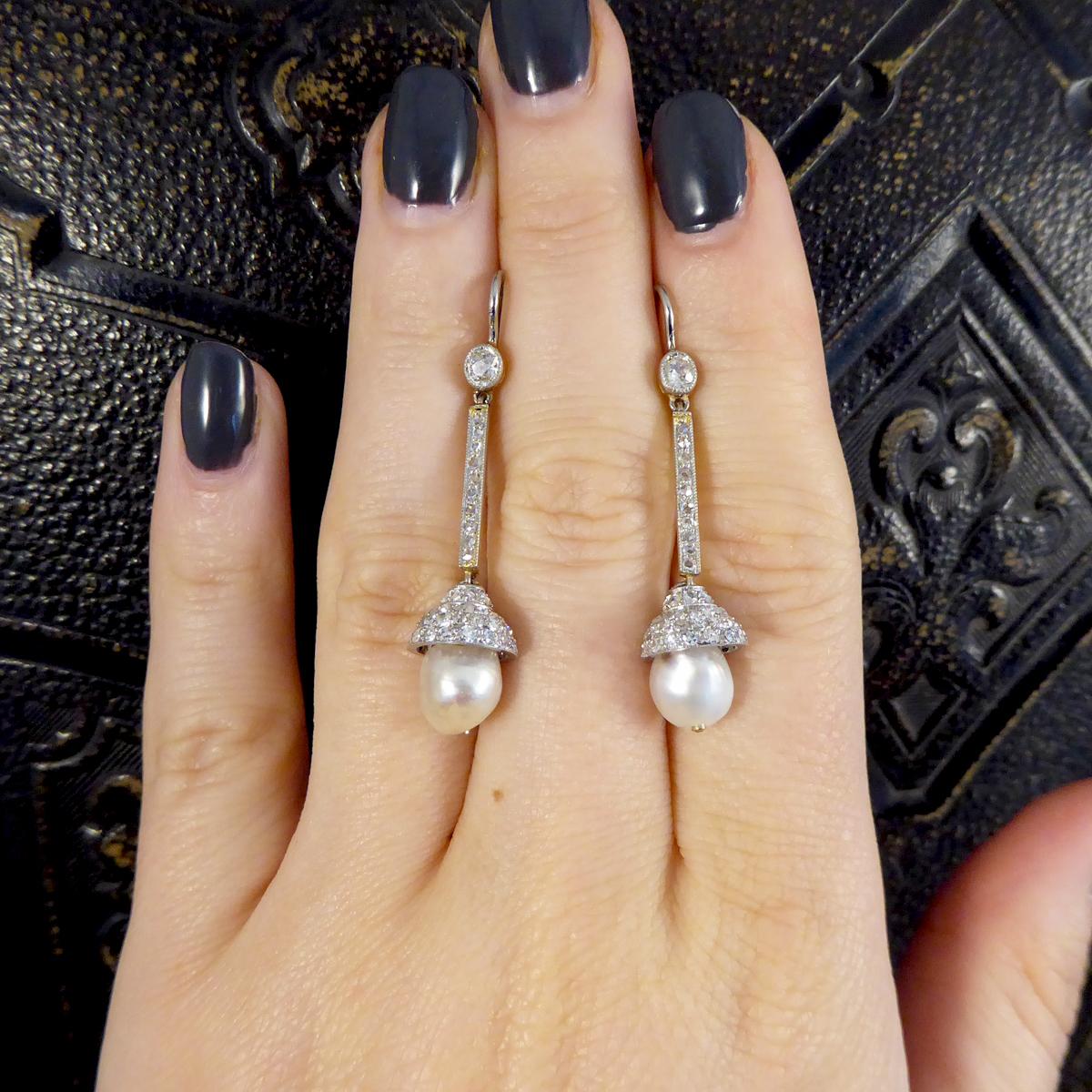 Art Deco Edwardian Diamond Set Natural Pearl Drop Earrings in 18ct Gold and Platinum