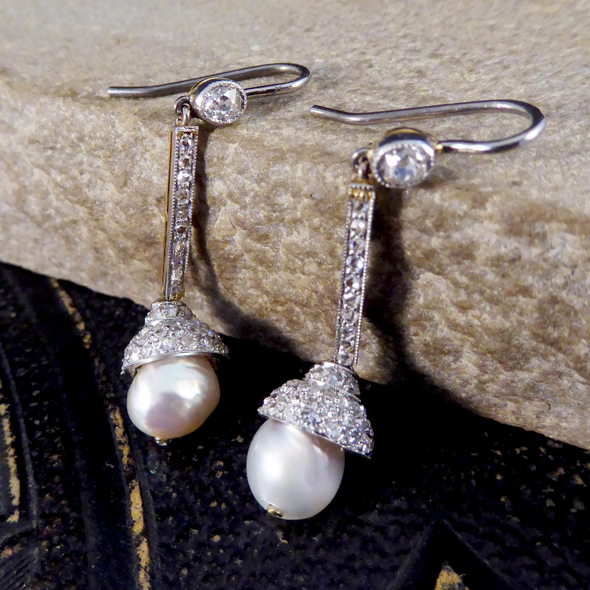 Round Cut Edwardian Diamond Set Natural Pearl Drop Earrings in 18ct Gold and Platinum