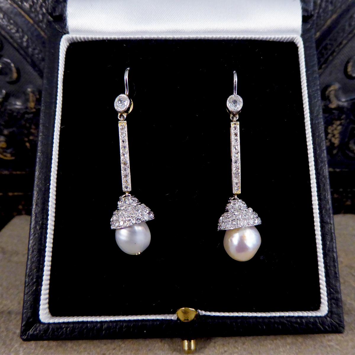 Edwardian Diamond Set Natural Pearl Drop Earrings in 18ct Gold and Platinum In Good Condition In Yorkshire, West Yorkshire