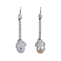 Edwardian Diamond Set Natural Pearl Drop Earrings in 18ct Gold and Platinum