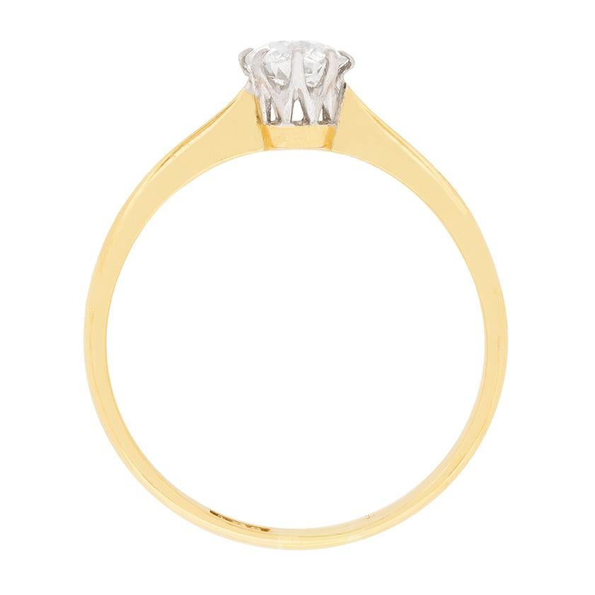 A timeless and classic design, this solitaire is simply beautiful. The diamond, which is a hand cut old cut diamond, weighs 0.68 carat and is set perfectly within a claw collet. The sparkling diamond is estimated G in colour and VS1 in clarity, top