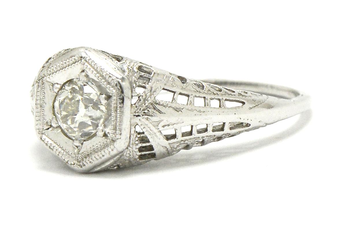 Women's Edwardian Diamond Solitaire Filigree Engagement Ring For Sale