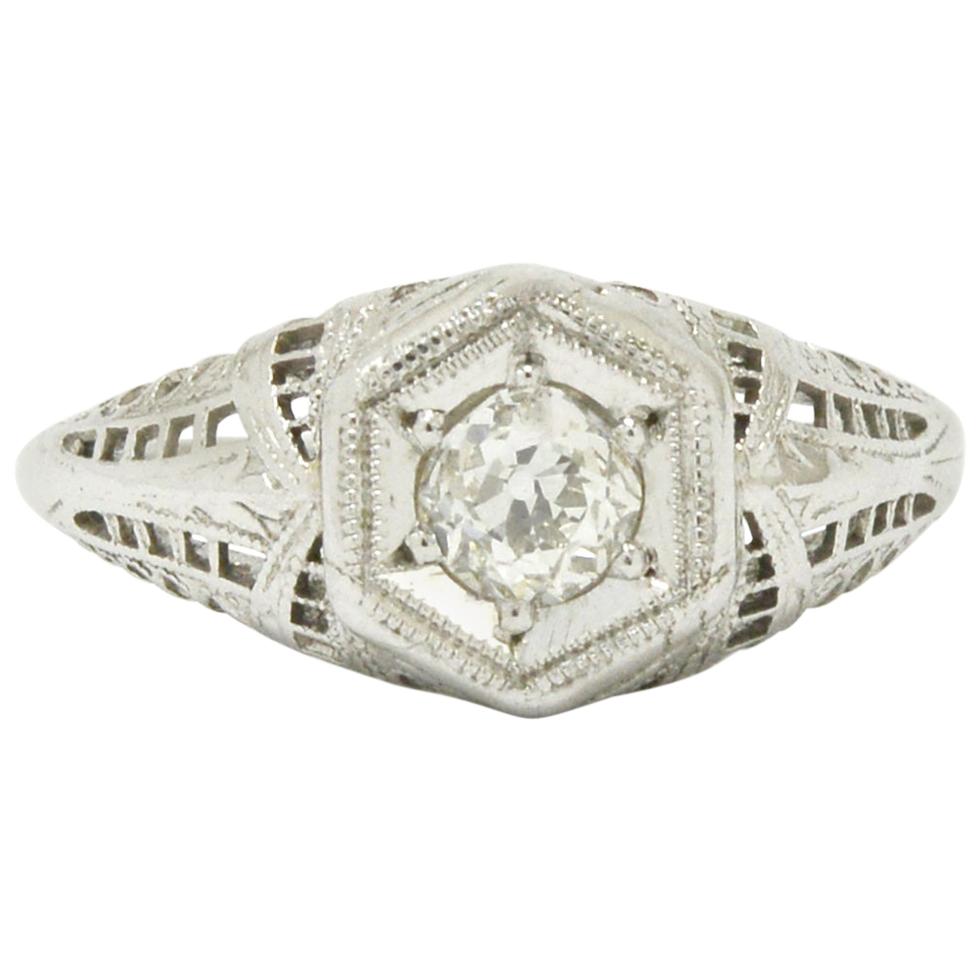 Edwardian Diamond Solitaire Filigree Engagement Ring For Sale