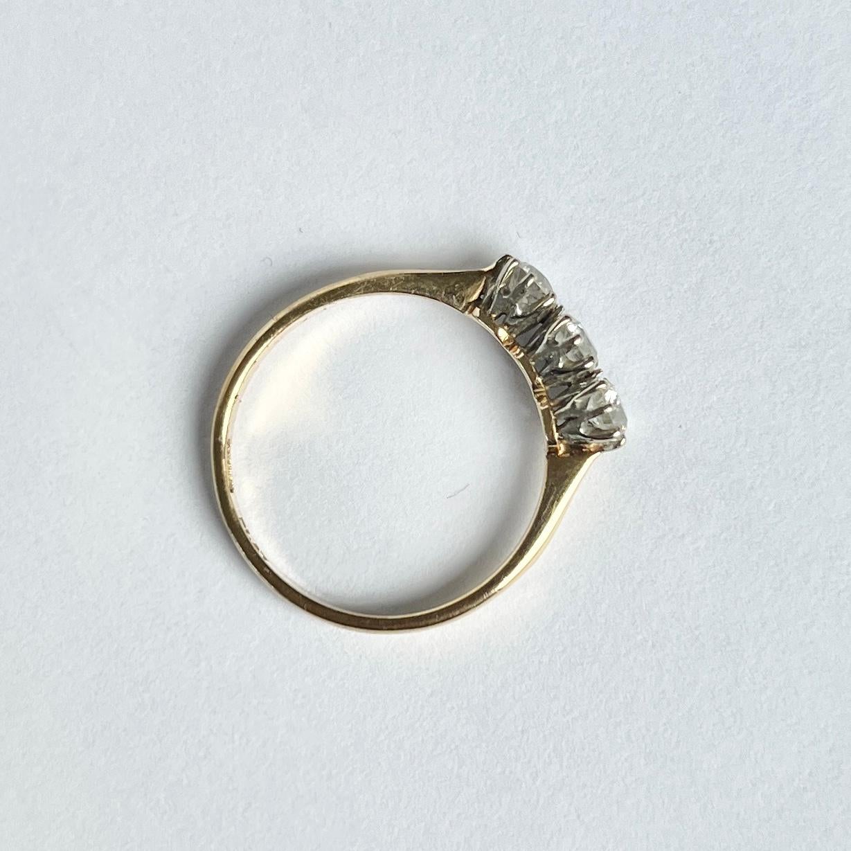 Round Cut Edwardian Diamond Three-Stone 18 Carat Ring For Sale