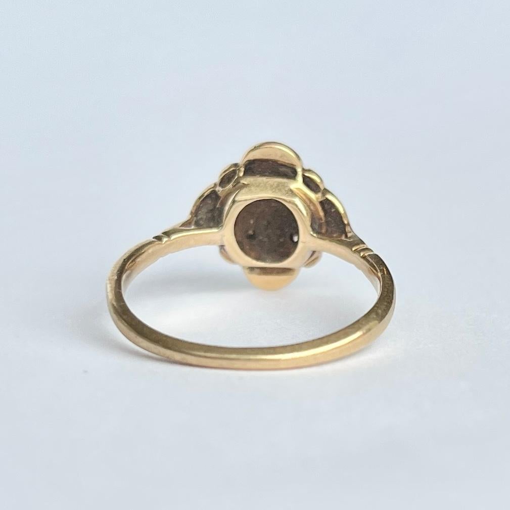 Edwardianischer Diamant-, Türkis- und Perlen-Cluster-Ring aus 18 Karat Gold mit Medaillonrückenring im Zustand „Gut“ im Angebot in Chipping Campden, GB
