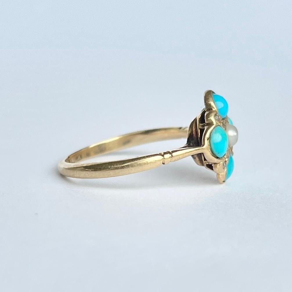 Edwardianischer Diamant-, Türkis- und Perlen-Cluster-Ring aus 18 Karat Gold mit Medaillonrückenring für Damen oder Herren im Angebot