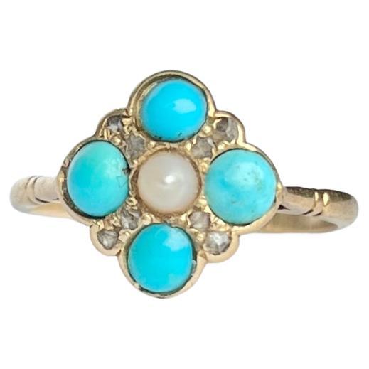 Edwardian Diamond, Turquoise and Pearl 18 Carat Gold Cluster Locket Back Ring For Sale