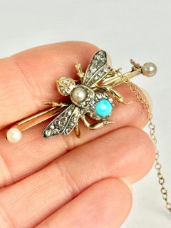 Edwardian Diamond, Turquoise and Pearl 9 Carat Gold Bug Brooch In Box