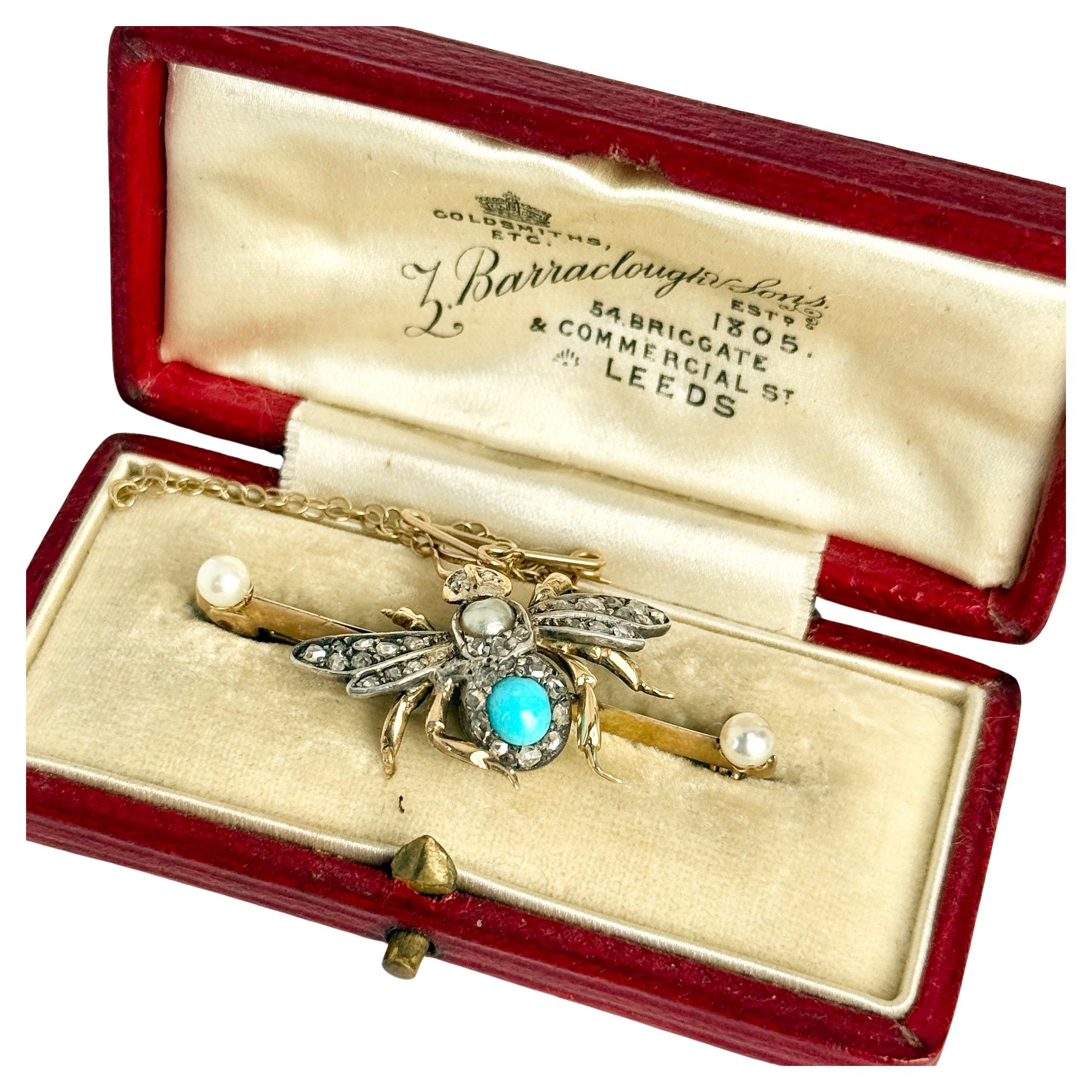 Spilla a forma di insetto in oro 9 carati con diamanti, turchesi e perle, di epoca edoardiana. in vendita