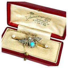 Antique Edwardian Diamond, Turquoise and Pearl 9 Carat Gold Bug Brooch In Box